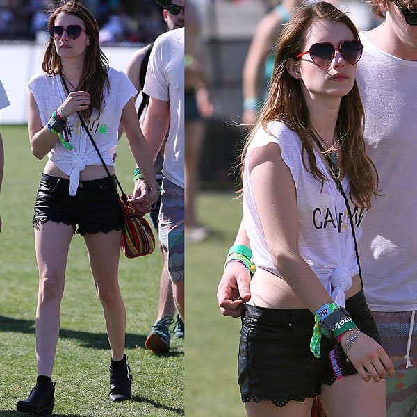 Emma Roberts goes for comfort with a knotted t-shirt and shorts, yet misses the mark on memorable Coachella style