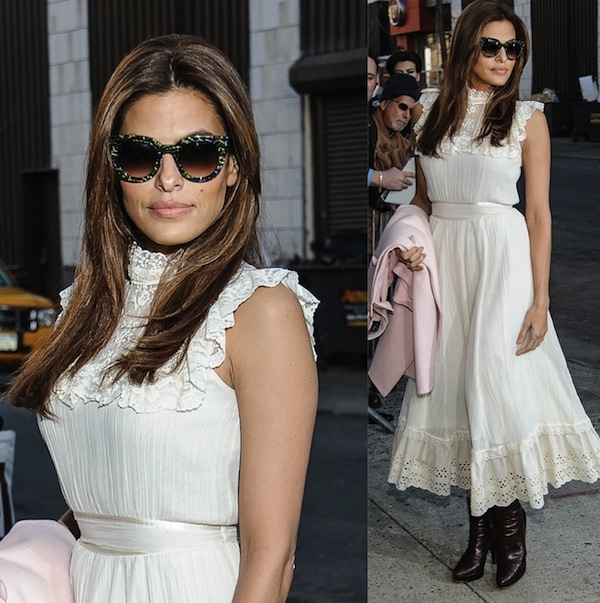 'Clear History' actress Eva Mendes effortlessly channeled the fashion of a stylish prairie lady in a Broderie Anglaise outfit for an appearance on The Daily Show With Jon Stewart