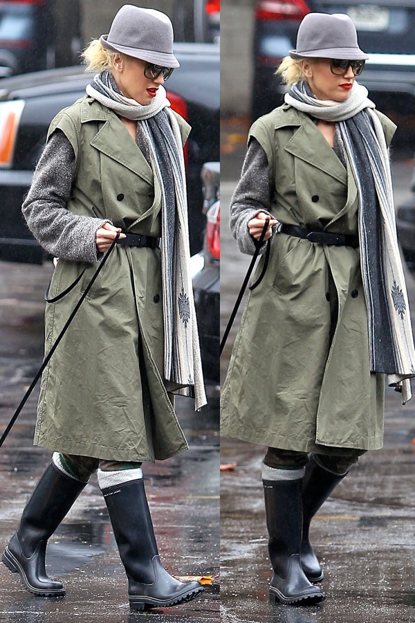 Gwen Stefani walking her new puppy on a rainy day in Sherman Oaks, Los Angeles, California on November 29, 2012