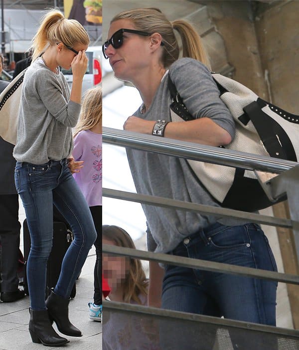 Gwyneth Paltrow exudes casual elegance in London, pairing her Gucci Soft Stirrup straw shoulder bag with a laid-back ensemble, April 15, 2013