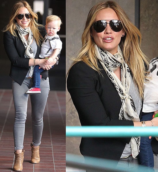 Hilary Duff adds elegance to her mom-on-duty look with a cropped blazer, Los Angeles, April 2013