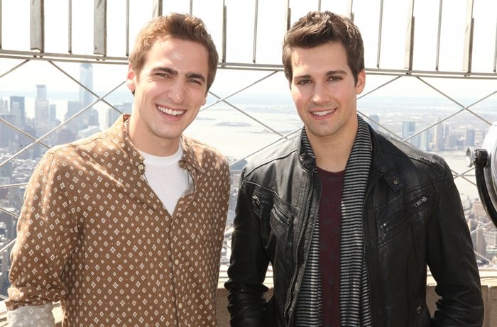 James Maslow and Kendall Schmidt of 'Big Time Rush' exude charm at the Empire State Building, showcasing celebrity style on April 17, 2013, in NYC