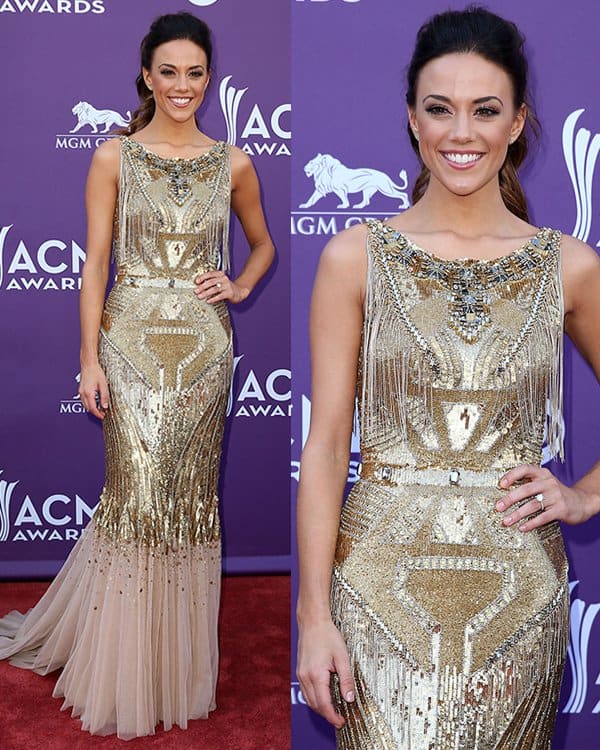Jana Kramer glitters on the red carpet in a shimmering Badgley Mischka Fall 2013 gown at the 48th Annual ACM Awards, April 7, 2013, embodying Hollywood glamour