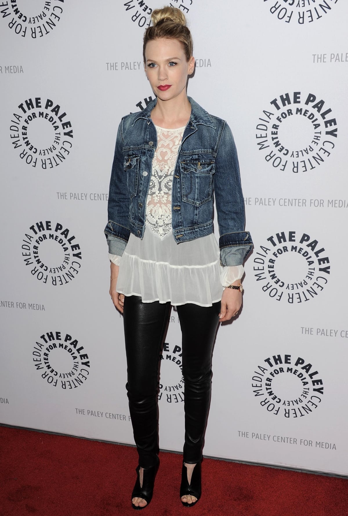 For her appearance at The Paley Center for Media, January Jones sported a Zara blouse, a denim Textile by Elizabeth and James jacket, Helmet Lang pants, Christian Louboutin shoes, Marni bag, and IDC earrings