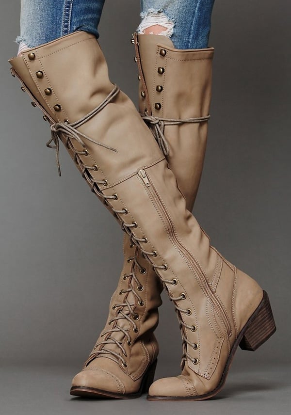 Elevate your outfit with these chic Jeffrey Campbell 'Joe' Lace-Up Boots in Beige, demonstrating the perfect balance between comfort and style