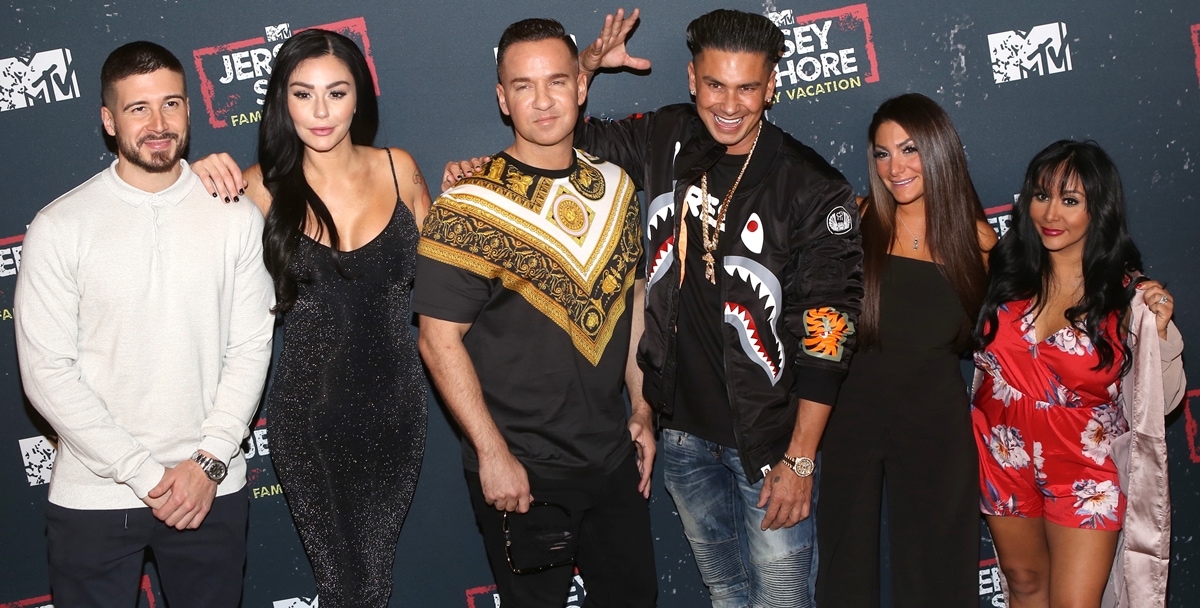 Television personalities Vinny Guadagnino, Jenni 'JWoww' Farley, Mike 'The Situation' Sorrentino, Paul 'Pauly D' DelVecchio, Deena Cortese, and Nicole 'Snooki' Polizzi attend MTV's "Jersey Shore Family Vacation" New York premiere party