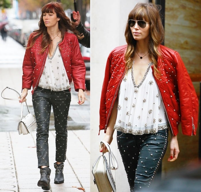 Jessica Biel stepped out in a studded leather outfit while shopping in Avenue Montaigne in Paris