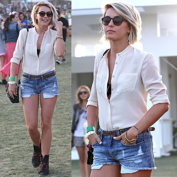 Julianne Hough's understated elegance shines in a simple silk shirt, complemented by her chic, short hairstyle at Coachella