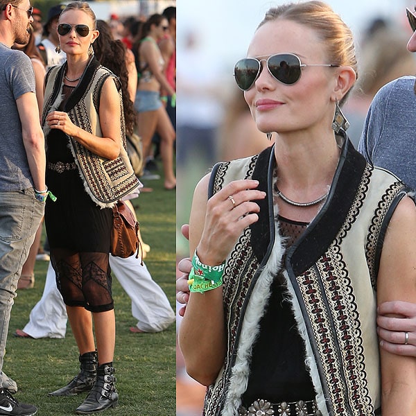 On April 13, 2013, Kate Bosworth embodied boho-festival glam at Coachella, layering a Topshop Real Sheepskin Festival Gilet over a Chiffon Lace Midi Slip and finishing the look with classic Ray-Ban Aviator sunglasses