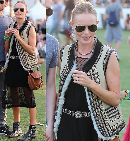 On April 13, 2013, at Coachella, Kate Bosworth was seen in a Topshop chiffon lace midi slip and a Topshop real sheepskin festival gilet, complemented by Ray-Ban 3025 Aviator large metal sunglasses