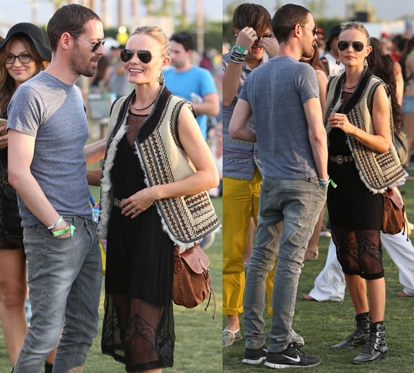 At Coachella on April 13, 2013, Kate Bosworth sported a bohemian-chic look with Ray-Ban 3025 aviator large metal sunglasses, a Topshop real sheepskin festival gilet, and a Topshop chiffon lace midi slip