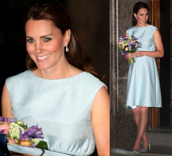 Kate Middleton in a pale blue dress at an evening reception for The Art Room charity at the National Portrait Gallery