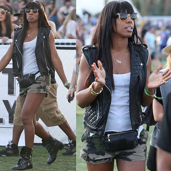 Kelly Rowland's biker chic misses the Coachella vibe, though her gold-rimmed sunglasses capture attention