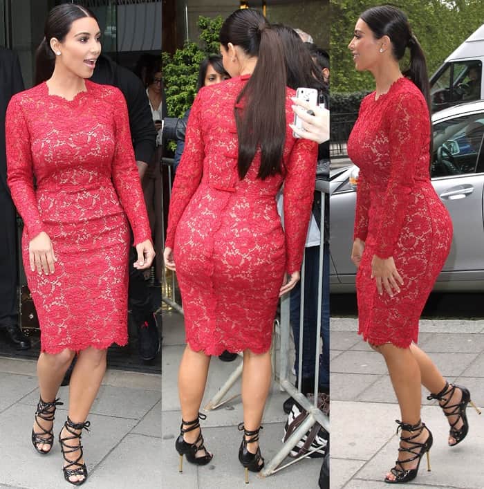 At the True Reflections launch in London on May 18, 2012, Kim Kardashian dazzled in a Valentino bow detail lace sheath dress, complemented by Tiffany & Co. diamond stud earrings and chic Tom Ford Spring 2012 sandals