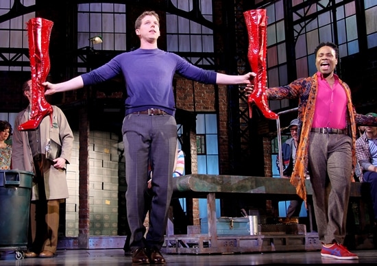 Stark Sands playing Charlie Price and Billy Porter playing Lola, with the famous red boots at the press rehearsal of 'Kinky Boots' at the Al Hirschfeld Theatre on February 28, 2013