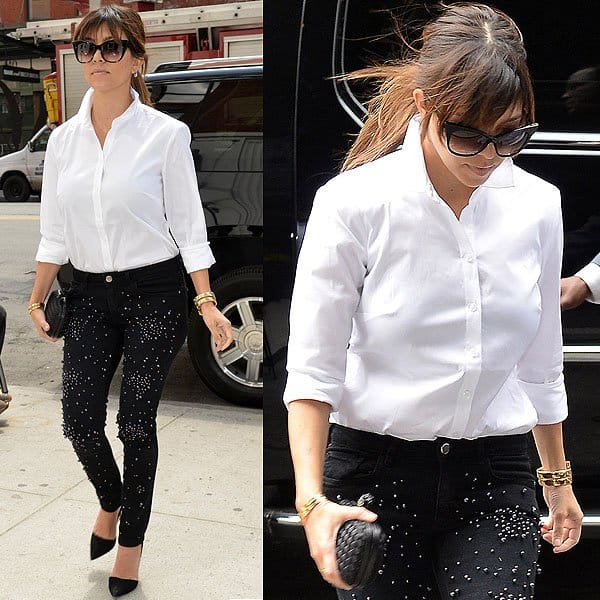 Kourtney Kardashian stepped out in NYC on April 22, 2013, in a chic ensemble featuring Mlle Mademoiselle Jem pearl embellished denim jeans, Dita Magnifique sunglasses in black, Jean-Michel Cazabat Ella suede D'orsay pumps, and a Bottega Veneta Knot Intrecciato clutch