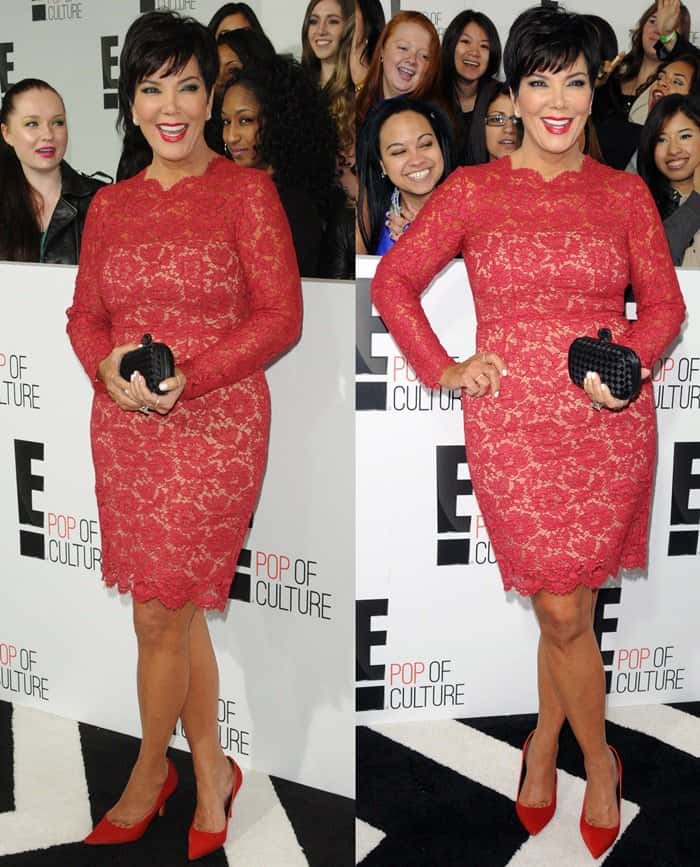 Kris Jenner's ensemble is perfectly matched with red pumps and a black Bottega Veneta clutch