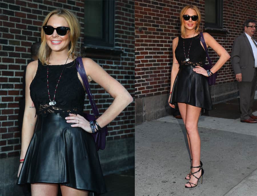 Lindsay Lohan appeared on "The Late Show with David Letterman" on April 9, 2013, accessorized with Ray-Ban RB4168 Meteor sunglasses, a Hermes Constance bag, and a Cartier Love bracelet with diamonds