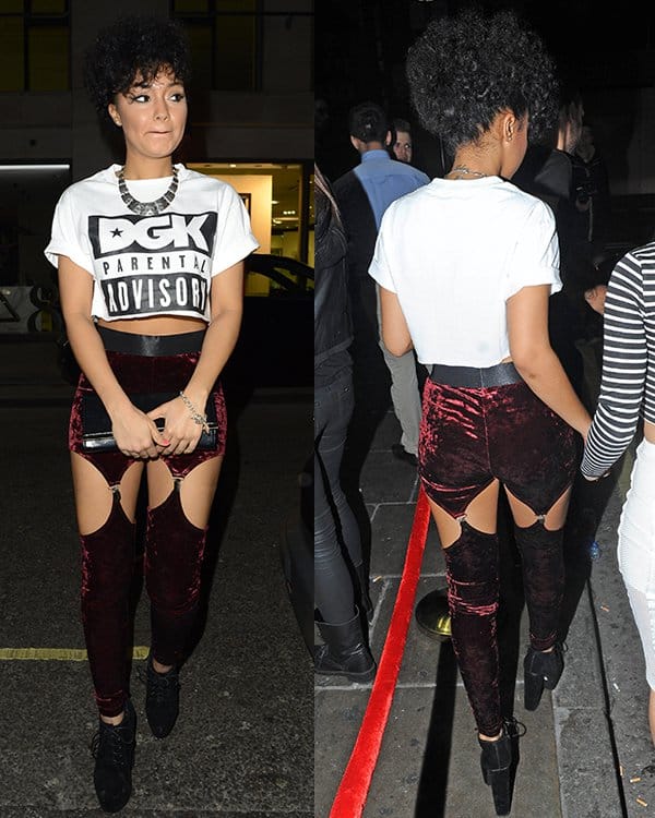 Leigh-Anne Pinnock in striking Widow cutout leggings paired with a chic cropped top at Mahiki Nightclub