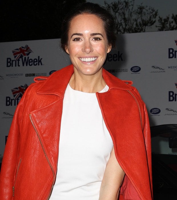 Louise Roe mixes classic and edgy with a white Monika Chiang dress paired with a striking red Reiss leather moto jacket