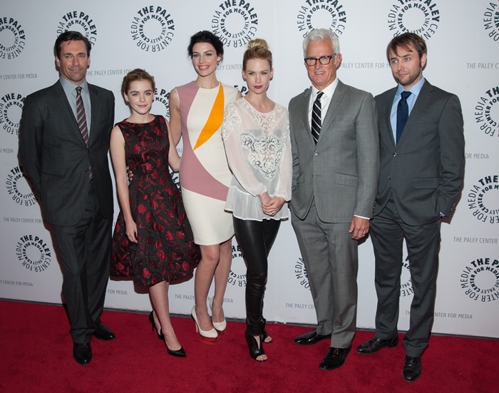 Actors Jon Hamm, Kiernan Shipka, Jessica Paré, January Jones, John Slattery, and Vincent Kartheiser attend The Paley Center for Media presentation of "Mad Men"