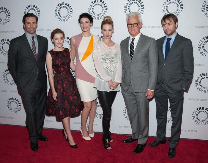 Actors Jon Hamm, Kiernan Shipka, Jessica Pare, January Jones, John Slattery, and Vincent Kartheiser attend The Paley Center for Media presentation of "Mad Men" season 5