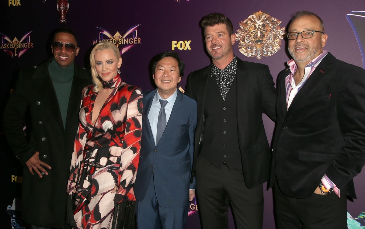 Nick Cannon, Jenny McCarthy, Ken Jeong, Robin Thicke, and executive producer Craig Plestis attend Fox's 'The Masked Singer' Premiere Karaoke Event at The Peppermint Club