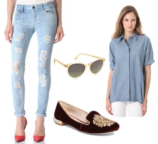 Skinny jeans with a button-down shirt, accessories, and moccasins