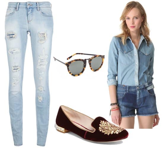 Ripped jeans with a denim shirt, sunglasses, and moccasins