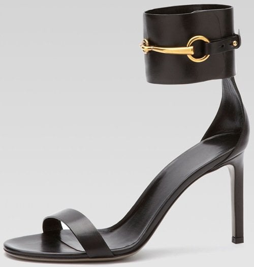 Gucci Horsebit Patent Ankle-Wrap Ursula Sandals in Black