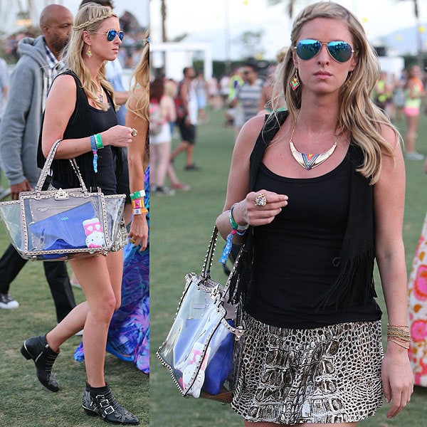 On April 13, 2013, Nicky Hilton embraced effortless festival style at Coachella, pairing a One Teaspoon Dundee mini skirt with Chloe Susanna boots, a Valentino transparent Rockstud Naked shopping bag, and Ray-Ban aviator sunglasses with blue mirrored lenses