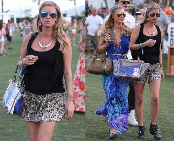 At the Coachella Music Festival in 2013, Nicky Hilton showcased a daring and stylish ensemble featuring Chloe Susanna boots, a Valentino transparent Rockstud naked shopping bag, Ray-Ban RB3025 aviator flash crystal blue mirror sunglasses, a One Teaspoon Dundee mini skirt, and a Rebecca Minkoff monogram pouch