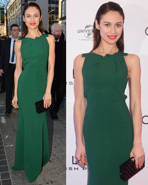 Olga Kurylenko in a goddess-green Roland Mouret 'Codrington' gown at the Irish premiere of 'Oblivion'