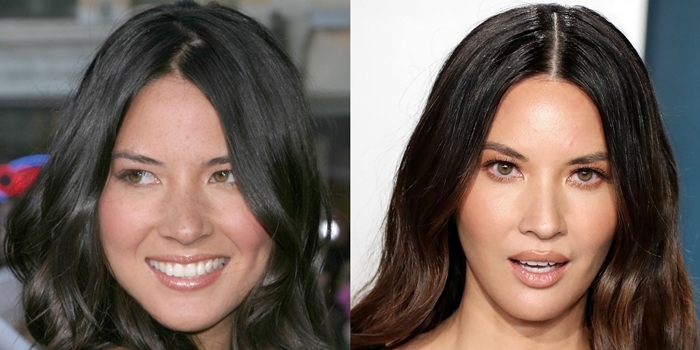 Olivia Munn's face with freckles in 2006 and without in 2020
