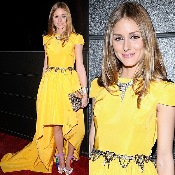 Olivia Palermo brightened up the evening in a sunny yellow Katie Ermilio dress