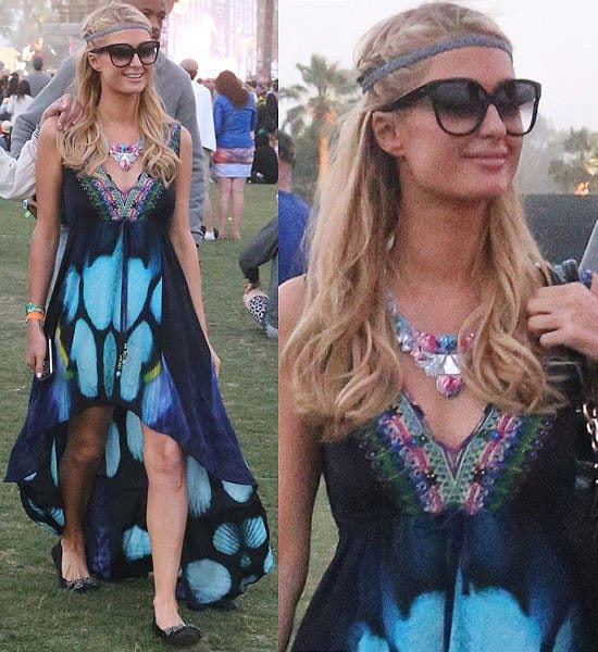 At Coachella on April 14, 2013, Paris Hilton wore a Camilla Jade short front dress, complemented by Dita Paradis sunglasses in black, Tory Burch Eddie flats with bow in black, and a Swarovski Tangara necklace