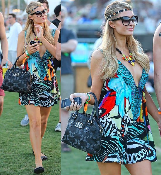 On April 12, 2013, at Coachella, Paris Hilton styled her look with Dita Paradis sunglasses in black and Tory Burch Eddie flats with a bow in black