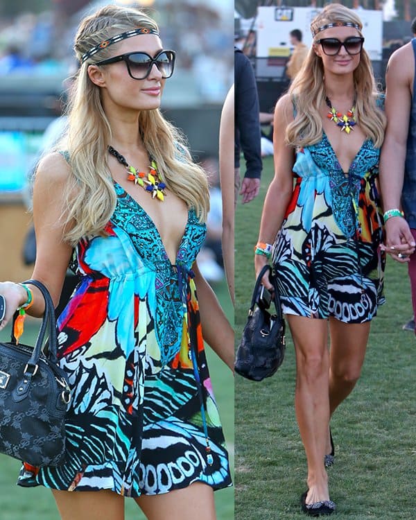 Paris Hilton embraced Coachella's boho-chic vibe on April 12, 2013, accessorizing her ensemble with black Dita Paradis sunglasses and complementing Tory Burch Eddie flats adorned with a bow