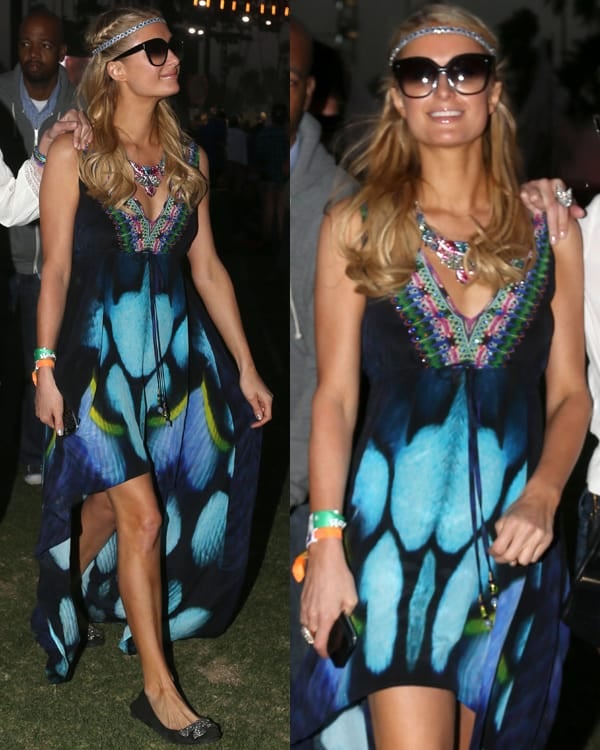 For Coachella on April 14, 2013, Paris Hilton opted for a festival-ready look featuring a Camilla Jade Short Front Dress, accessorized with Swarovski Tangara Necklace, Dita Paradis Sunglasses in black, and Tory Burch Eddie Flats with Bow in black