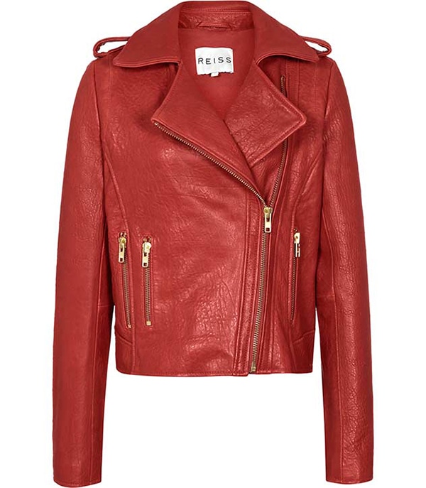 The Reiss 'Maya' Moto Jacket in stunning bubble-textured leather featuring gold accents