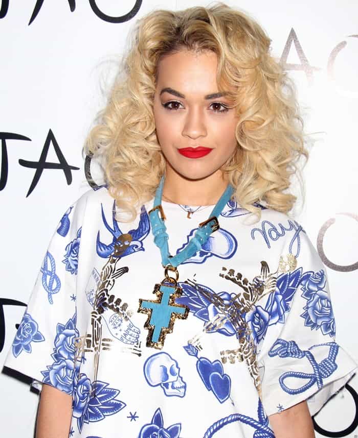 Rita Ora wears a cool printed dress from Salvatore Ferragamo