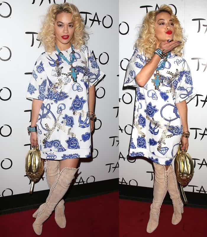 Rita Ora opted for a sexy pair of boots since her dress is somewhat childlike and boxy