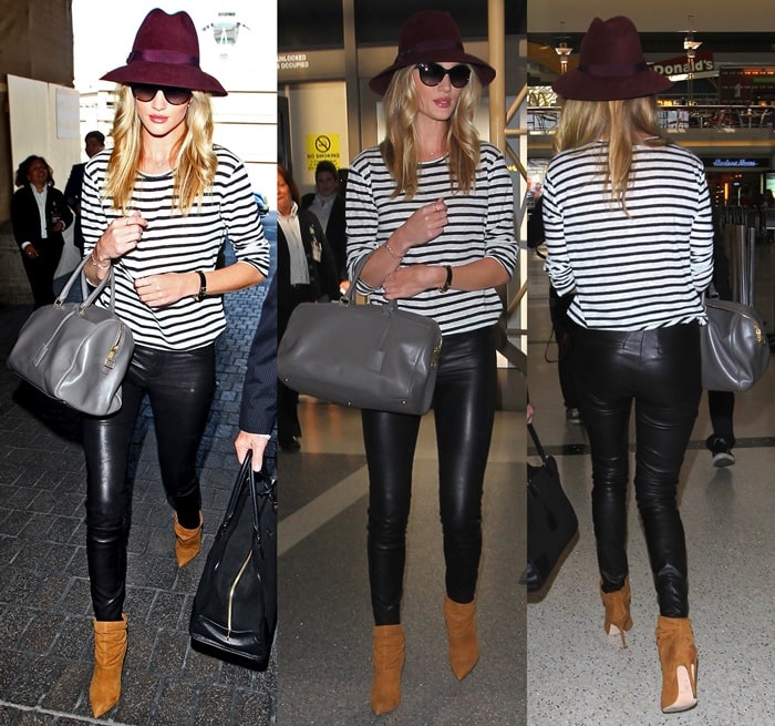 British model Rosie Huntington-Whiteley rocks tan Brian Atwood Adrienne ankle boots