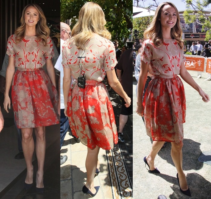 Stacy Keibler wore a pretty and ladylike dress by Wes Gordon featuring tan and red floral prints