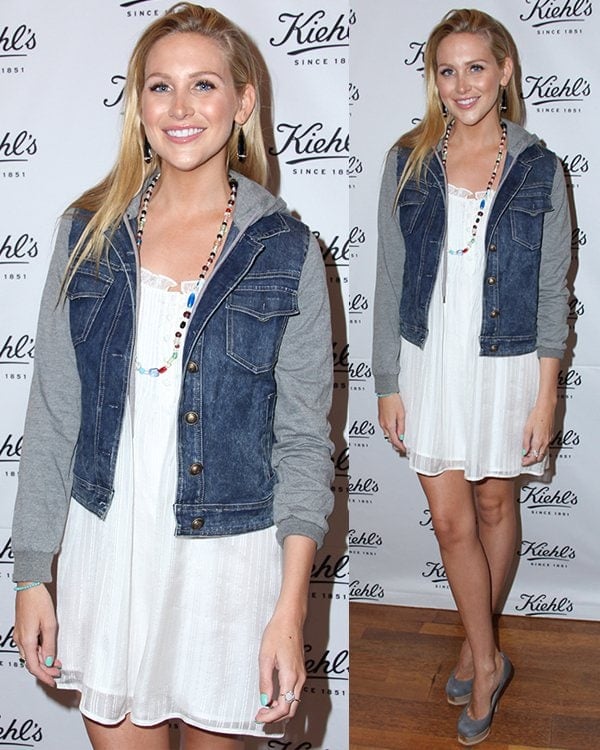 Stephanie Pratt shines at Kiehl's event championing sustainability, pairing a chic white dress with an eclectic jacket in Santa Monica
