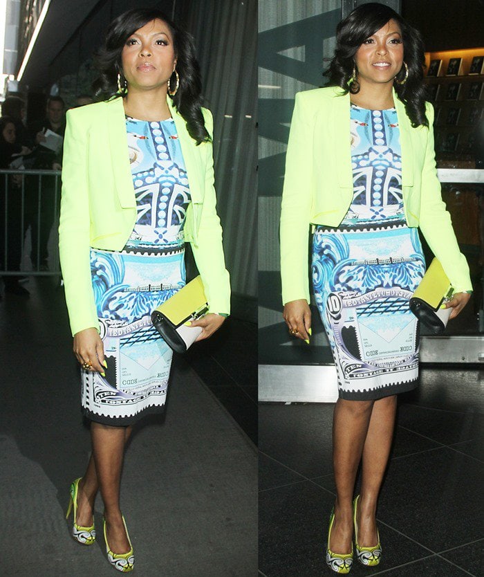 Taraji P. Henson in Mary Katrantzou dress at The Cinema Society with FIJI Water and Levi's screening of Mud at The Museum of Modern Art on April 21, 2013