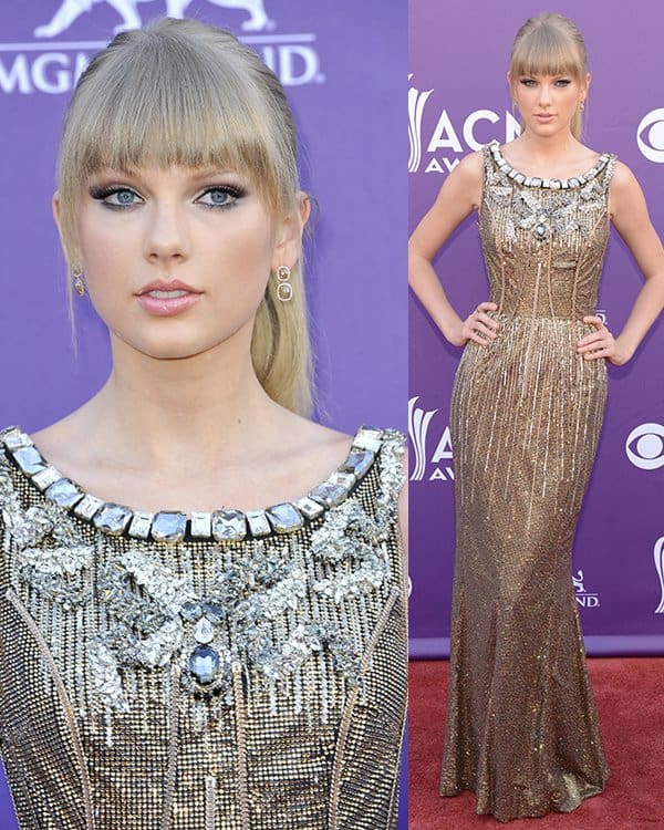 Taylor Swift shines in a glittering Dolce & Gabbana gown at the 48th Annual ACM Awards on April 7, 2013, showcasing her timeless elegance