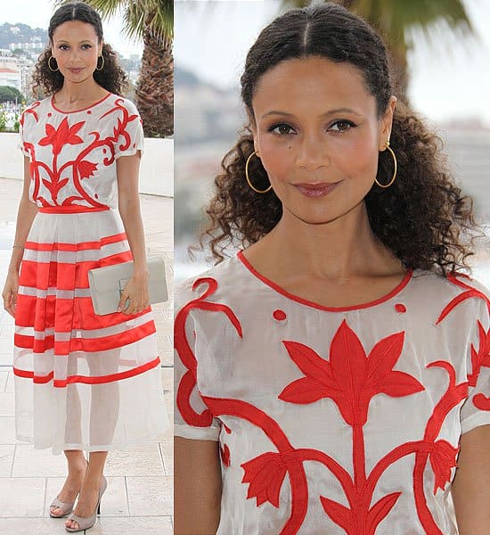 Thandie Newton donning a chic ensemble from the Temperley London Spring 2013 collection at the Rogue photo call