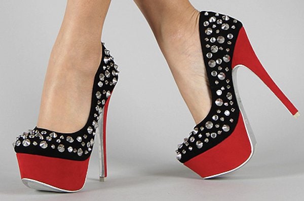 Christian-3 Two-Tone Spike-Studded Round-Toe Pumps