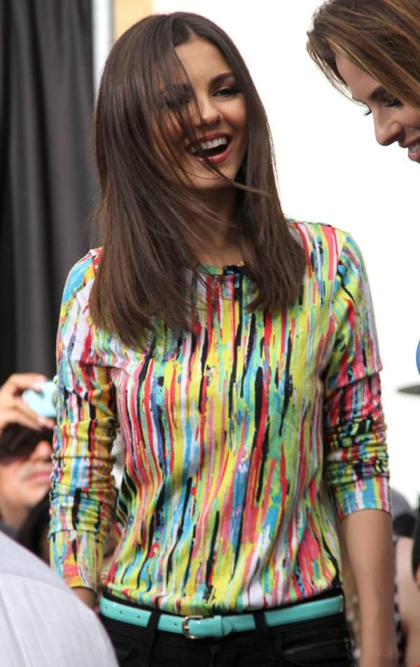 Embracing spring vibes, Victoria Justice wears a vibrant Prabal Gurung for Target top, making a stylish statement